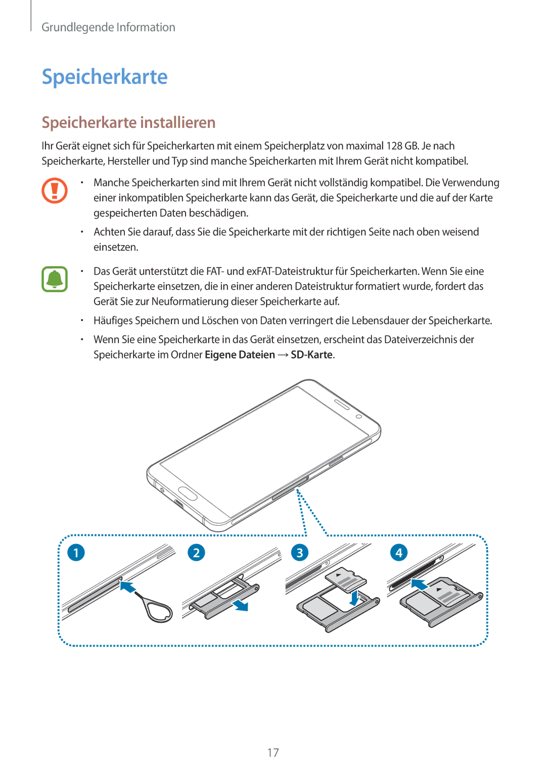 Samsung SM-A310FZKADBT, SM-A310FEDADBT, SM-A310FZDADBT, SM-A310FZWADBT manual Speicherkarte installieren 