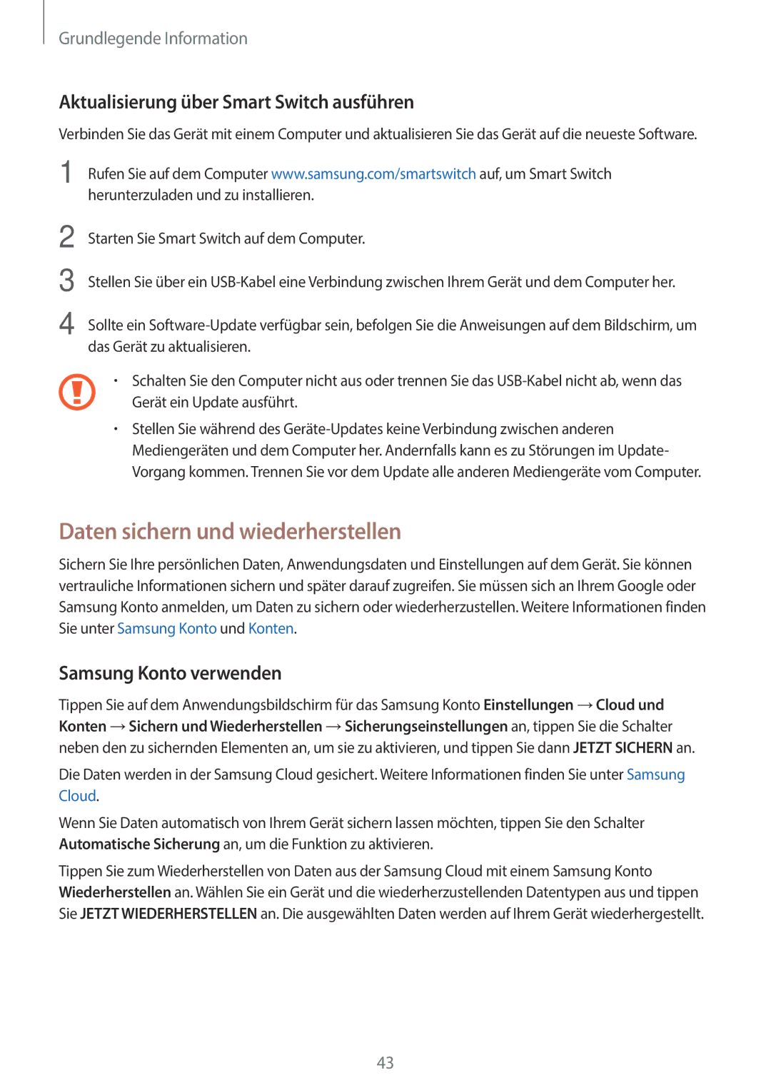 Samsung SM-A310FZWADBT, SM-A310FEDADBT manual Daten sichern und wiederherstellen, Aktualisierung über Smart Switch ausführen 