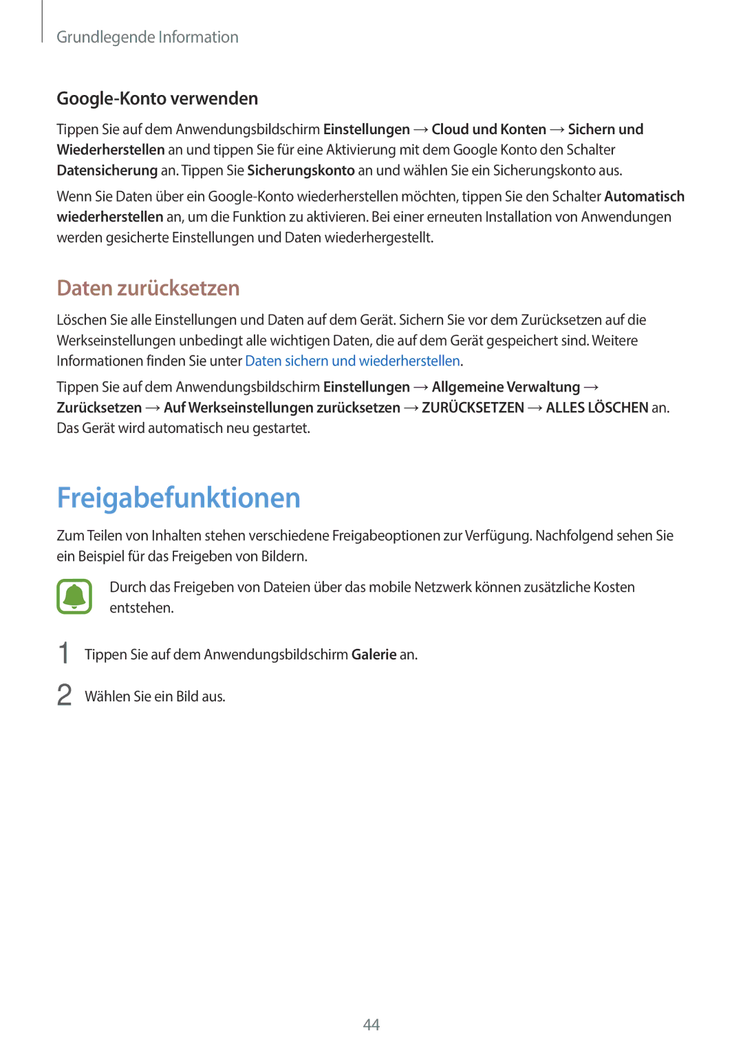 Samsung SM-A310FEDADBT, SM-A310FZKADBT, SM-A310FZDADBT manual Freigabefunktionen, Daten zurücksetzen, Google-Konto verwenden 