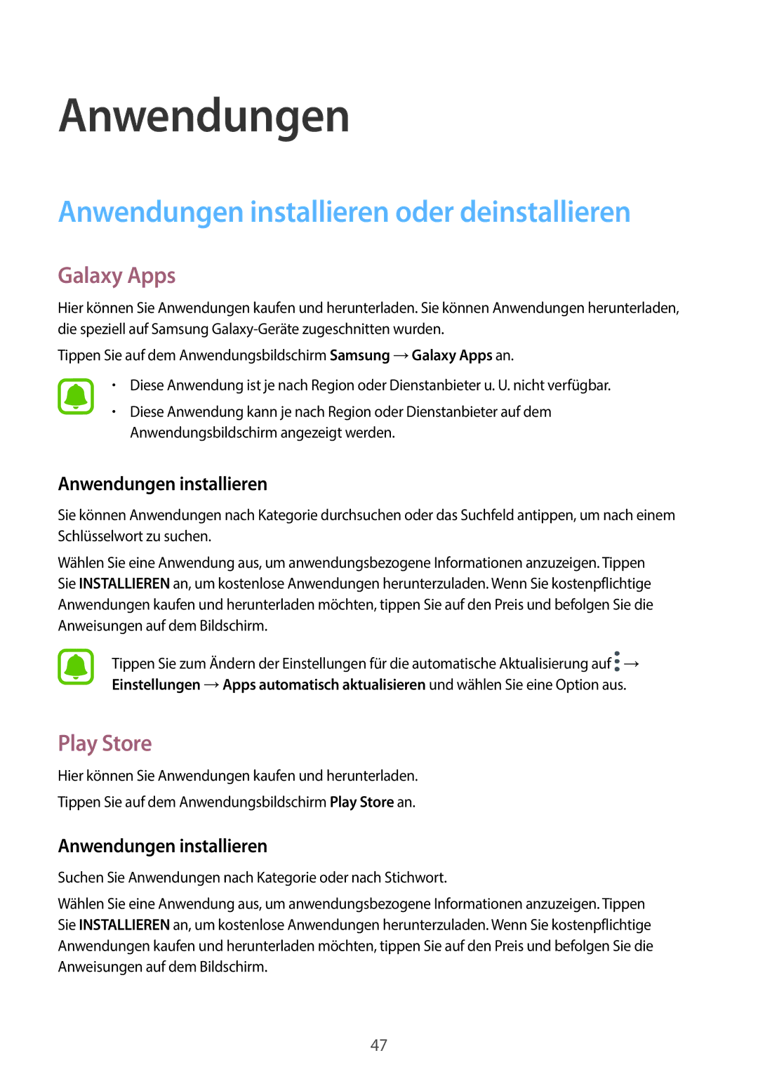 Samsung SM-A310FZWADBT, SM-A310FEDADBT manual Anwendungen installieren oder deinstallieren, Galaxy Apps, Play Store 