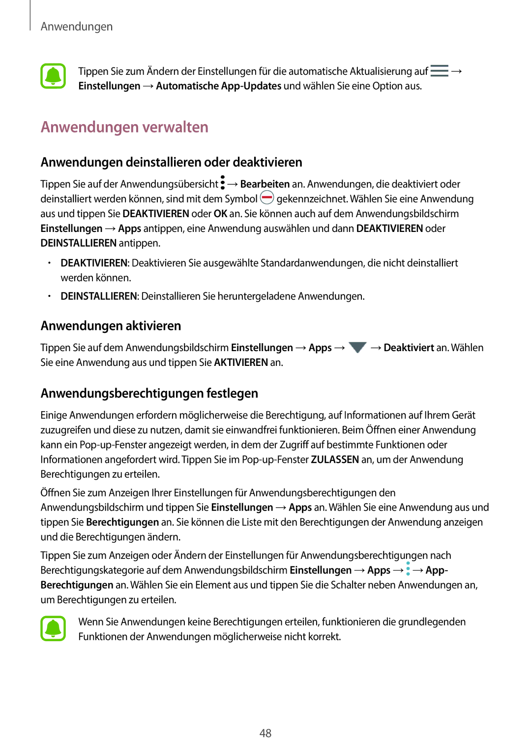 Samsung SM-A310FEDADBT manual Anwendungen verwalten, Anwendungen deinstallieren oder deaktivieren, Anwendungen aktivieren 