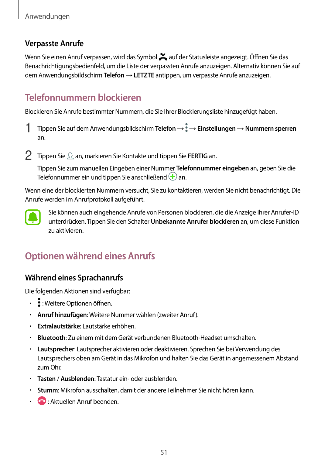 Samsung SM-A310FZWADBT, SM-A310FEDADBT manual Telefonnummern blockieren, Optionen während eines Anrufs, Verpasste Anrufe 