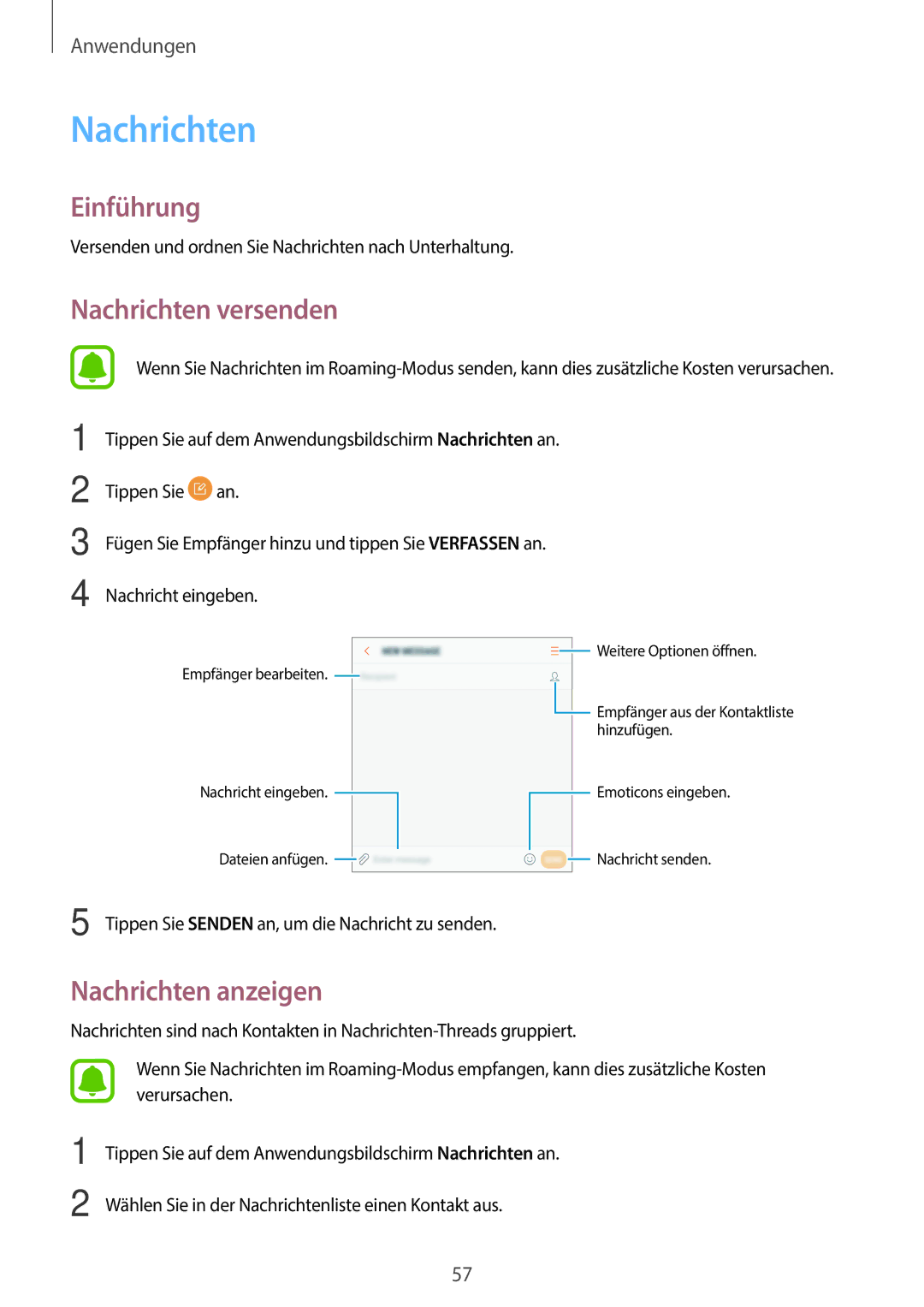 Samsung SM-A310FZKADBT, SM-A310FEDADBT, SM-A310FZDADBT, SM-A310FZWADBT manual Nachrichten versenden, Nachrichten anzeigen 