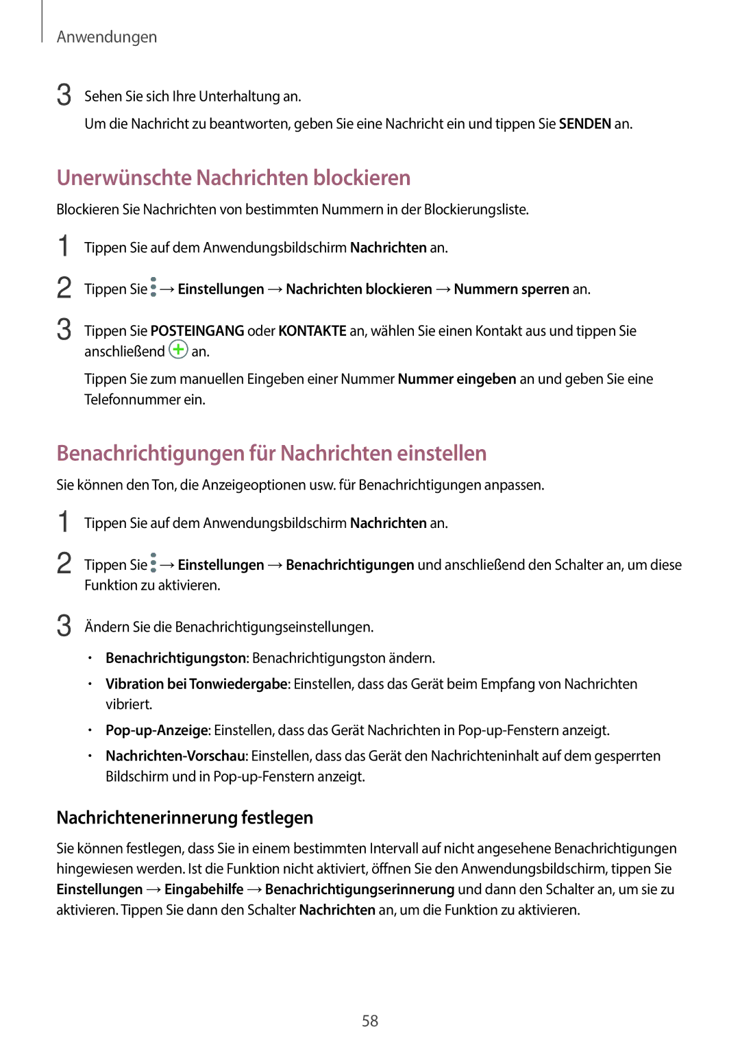 Samsung SM-A310FZDADBT, SM-A310FEDADBT Unerwünschte Nachrichten blockieren, Benachrichtigungen für Nachrichten einstellen 