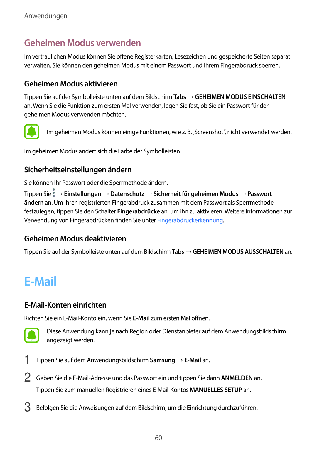 Samsung SM-A310FEDADBT, SM-A310FZKADBT, SM-A310FZDADBT, SM-A310FZWADBT manual Mail, Geheimen Modus verwenden 