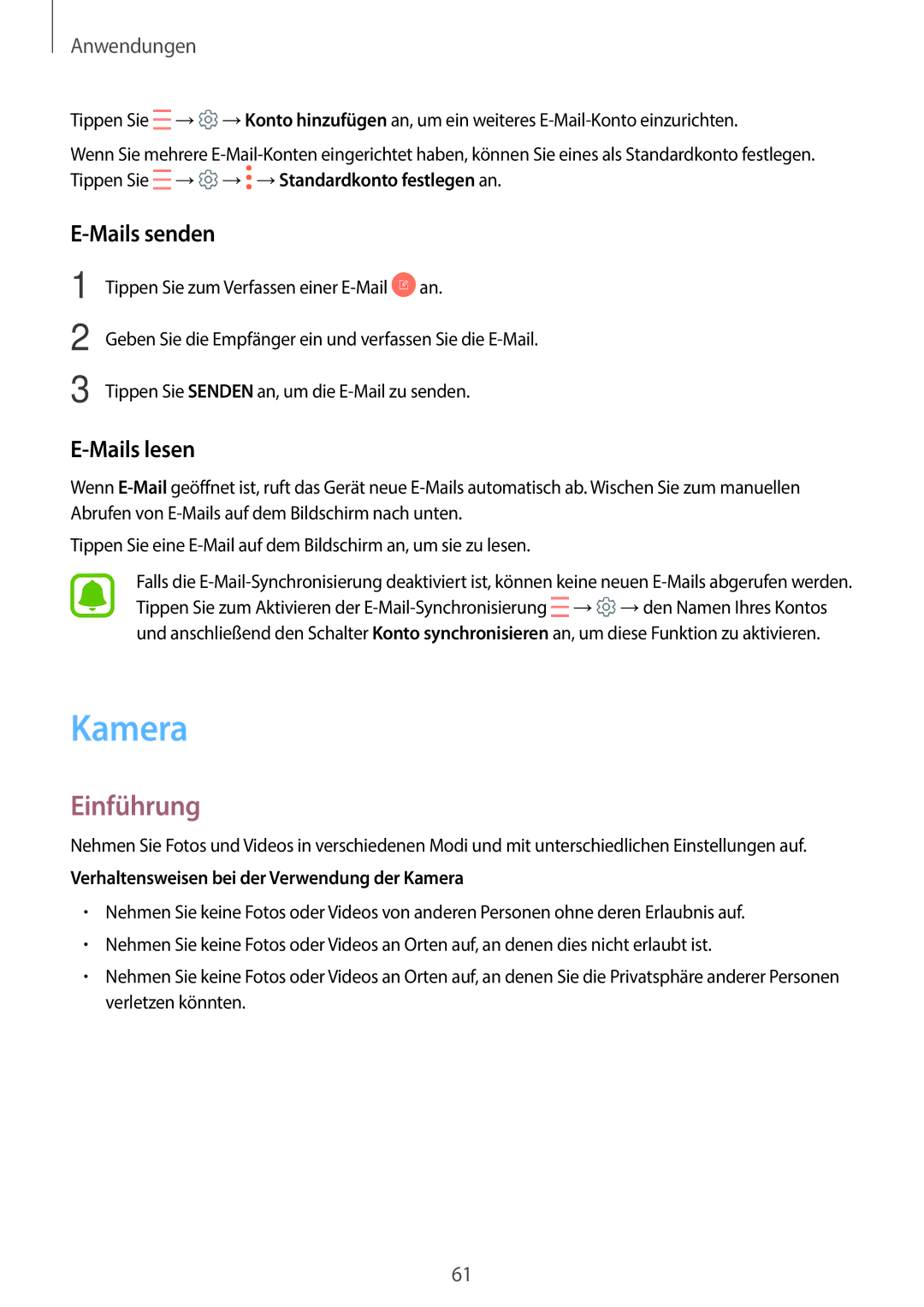 Samsung SM-A310FZKADBT, SM-A310FEDADBT, SM-A310FZDADBT, SM-A310FZWADBT manual Kamera, Mails senden, Mails lesen 