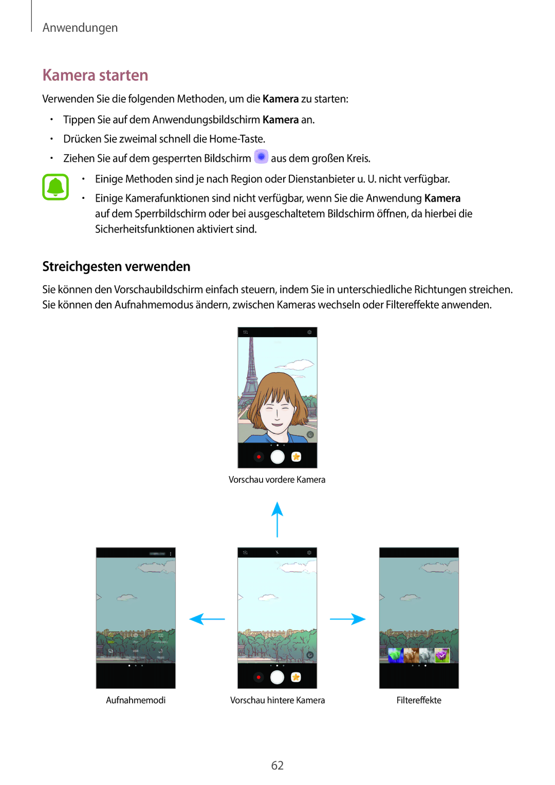 Samsung SM-A310FZDADBT, SM-A310FEDADBT, SM-A310FZKADBT, SM-A310FZWADBT manual Kamera starten, Streichgesten verwenden 
