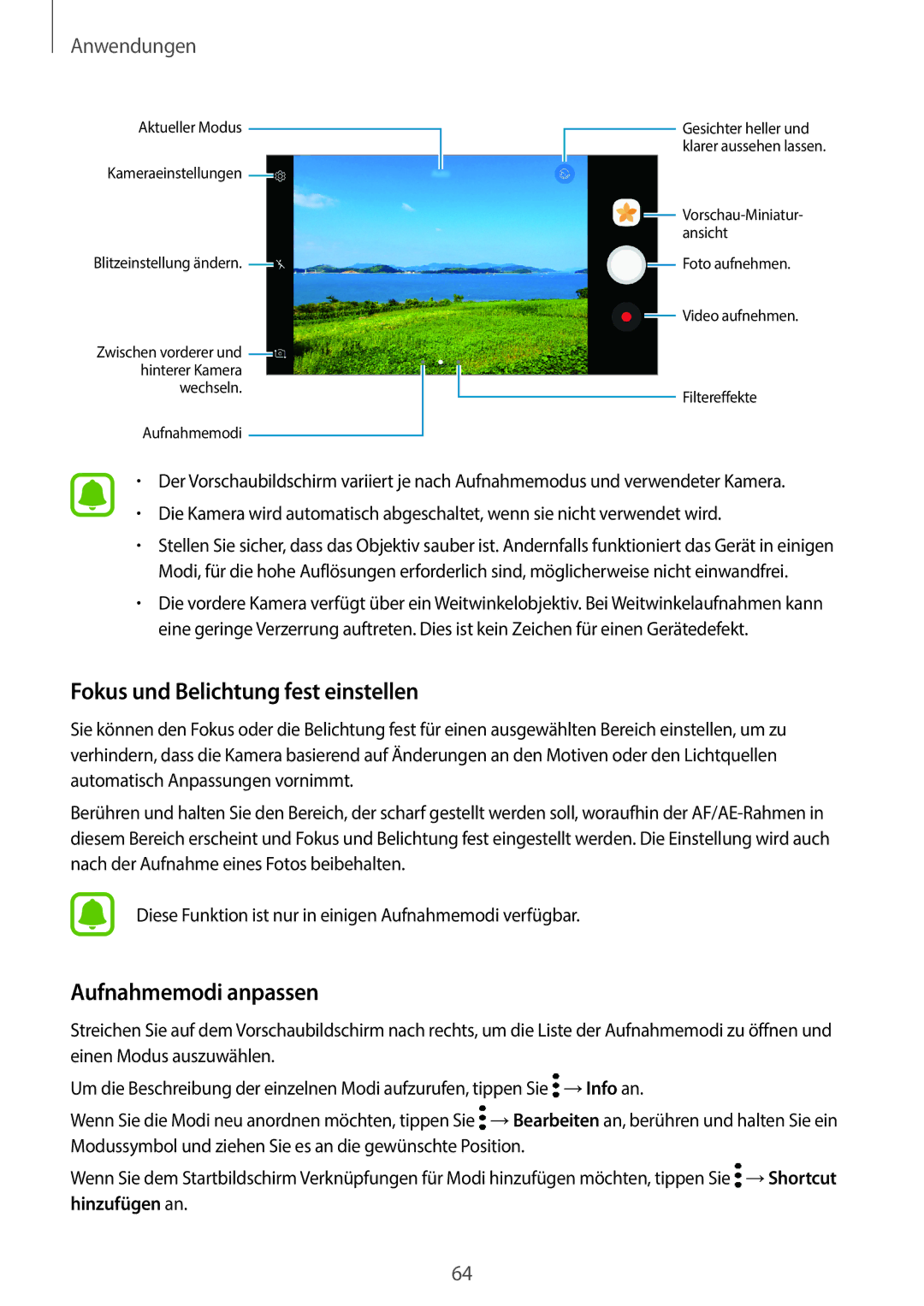 Samsung SM-A310FEDADBT, SM-A310FZKADBT, SM-A310FZDADBT manual Fokus und Belichtung fest einstellen, Aufnahmemodi anpassen 