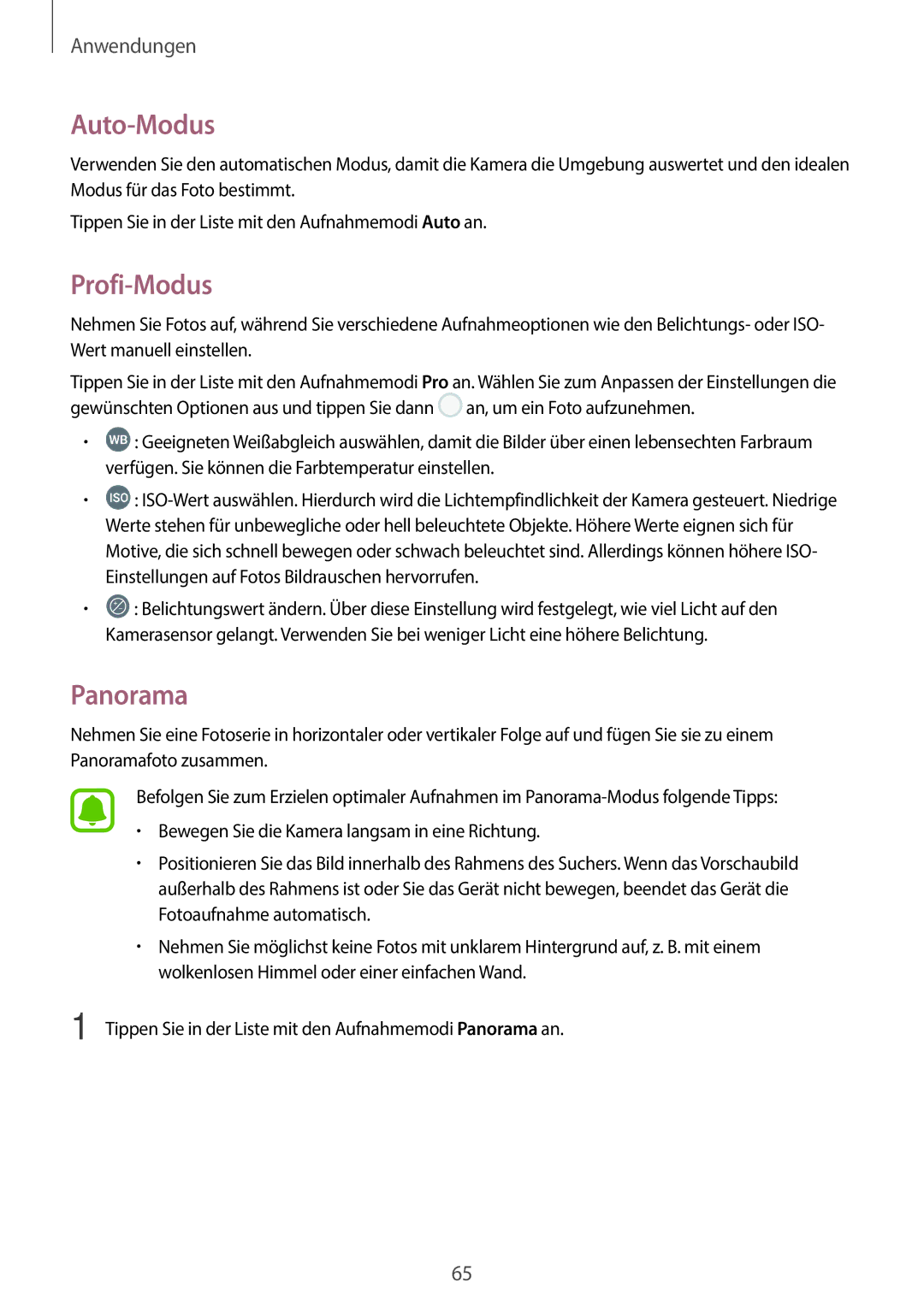 Samsung SM-A310FZKADBT, SM-A310FEDADBT, SM-A310FZDADBT, SM-A310FZWADBT manual Auto-Modus, Profi-Modus, Panorama 