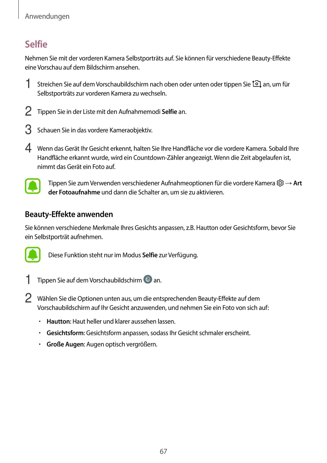 Samsung SM-A310FZWADBT, SM-A310FEDADBT, SM-A310FZKADBT, SM-A310FZDADBT manual Selfie, Beauty-Effekte anwenden 