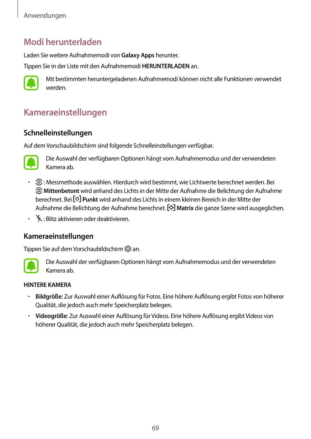 Samsung SM-A310FZKADBT, SM-A310FEDADBT, SM-A310FZDADBT manual Modi herunterladen, Kameraeinstellungen, Schnelleinstellungen 