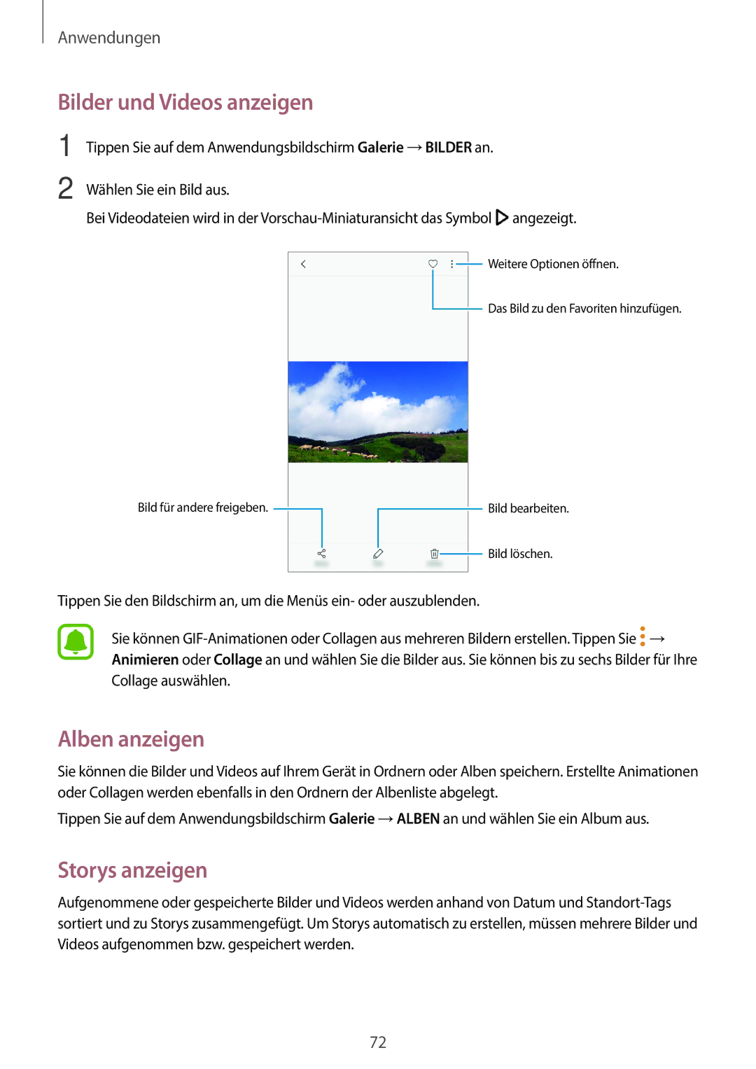 Samsung SM-A310FEDADBT, SM-A310FZKADBT, SM-A310FZDADBT manual Bilder und Videos anzeigen, Alben anzeigen, Storys anzeigen 
