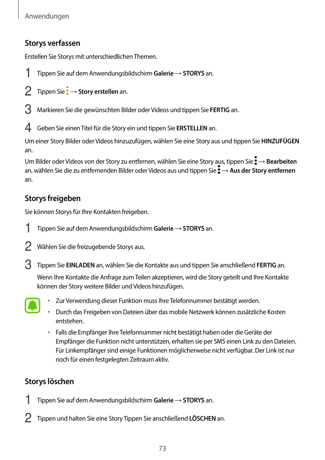 Samsung SM-A310FZKADBT, SM-A310FEDADBT, SM-A310FZDADBT, SM-A310FZWADBT Storys verfassen, Storys freigeben, Storys löschen 