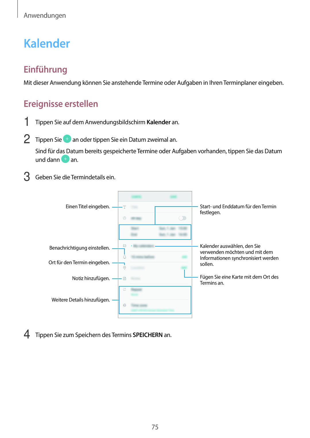 Samsung SM-A310FZWADBT, SM-A310FEDADBT, SM-A310FZKADBT, SM-A310FZDADBT manual Kalender, Ereignisse erstellen 