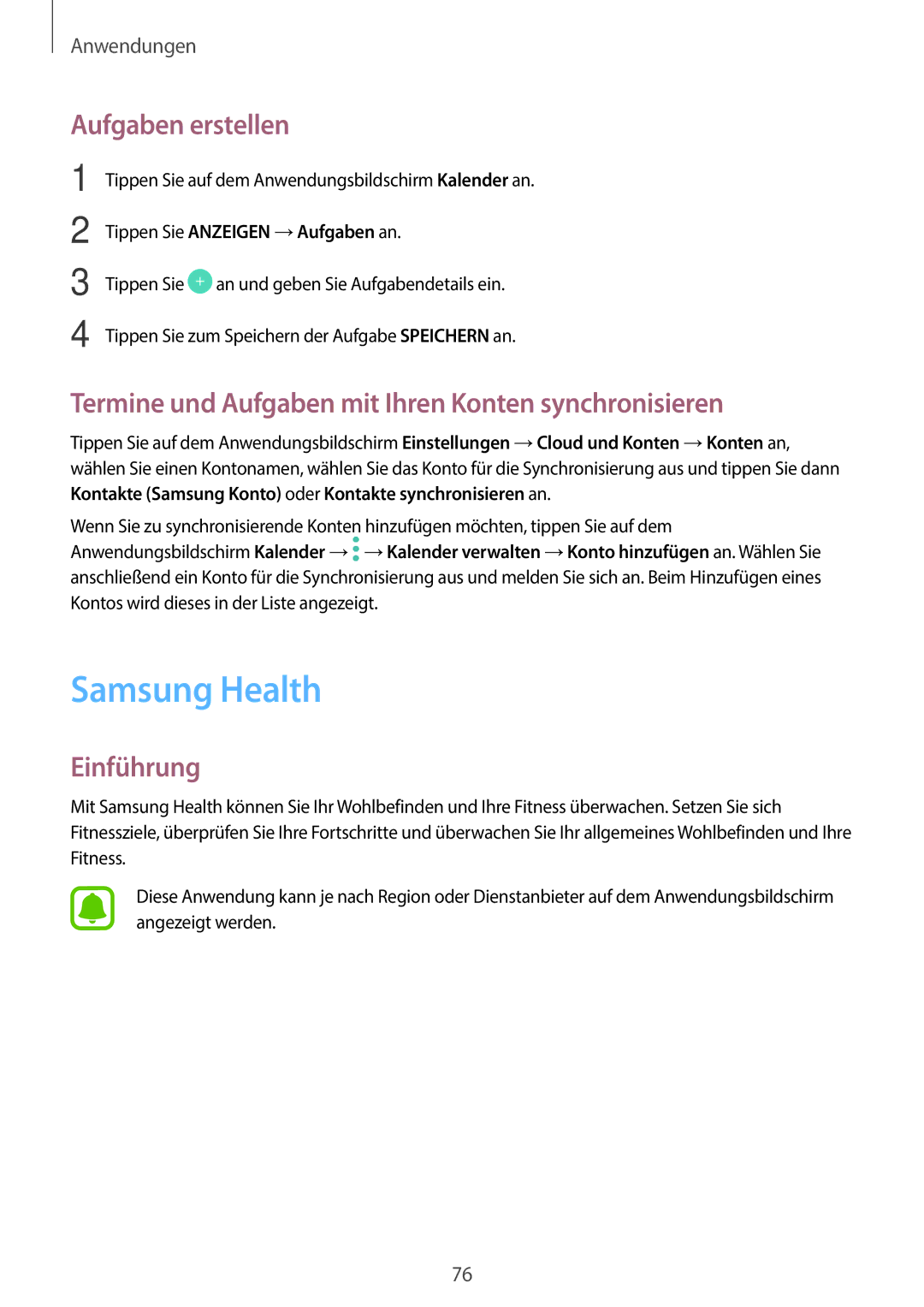 Samsung SM-A310FEDADBT manual Samsung Health, Aufgaben erstellen, Termine und Aufgaben mit Ihren Konten synchronisieren 