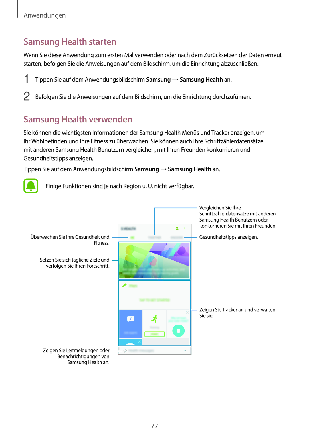 Samsung SM-A310FZKADBT, SM-A310FEDADBT, SM-A310FZDADBT, SM-A310FZWADBT manual Samsung Health starten, Samsung Health verwenden 