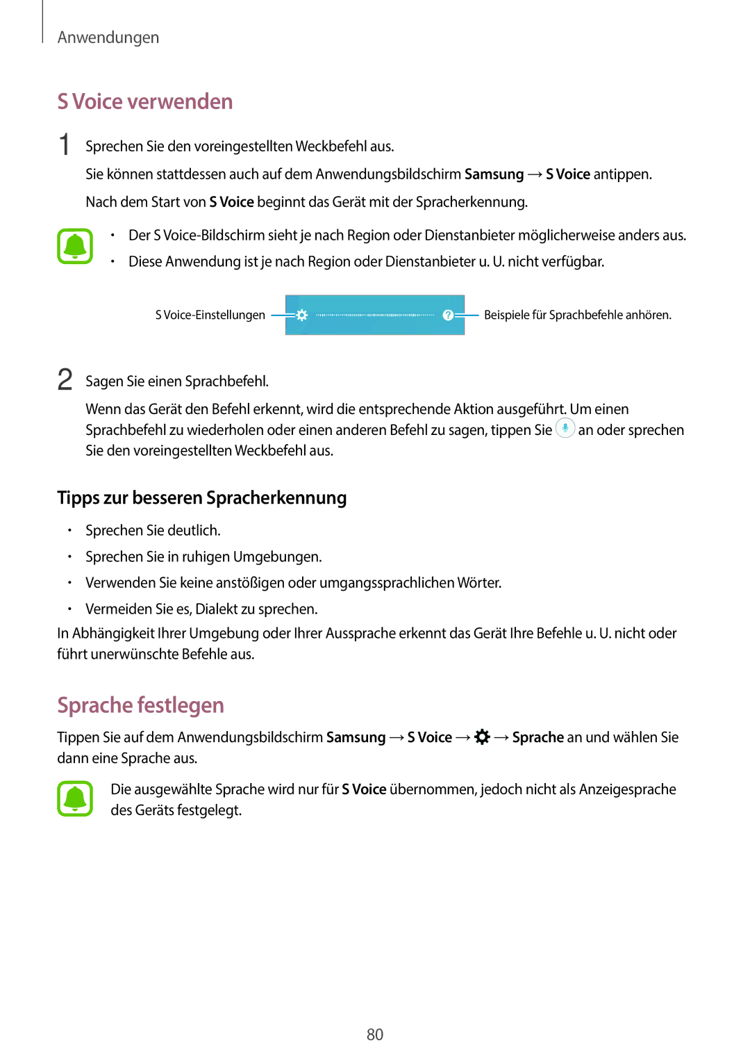 Samsung SM-A310FEDADBT, SM-A310FZKADBT manual Voice verwenden, Sprache festlegen, Tipps zur besseren Spracherkennung 