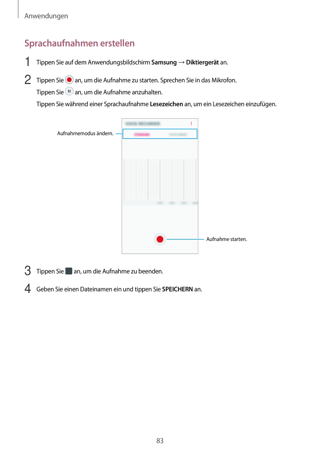 Samsung SM-A310FZWADBT, SM-A310FEDADBT, SM-A310FZKADBT, SM-A310FZDADBT manual Sprachaufnahmen erstellen 