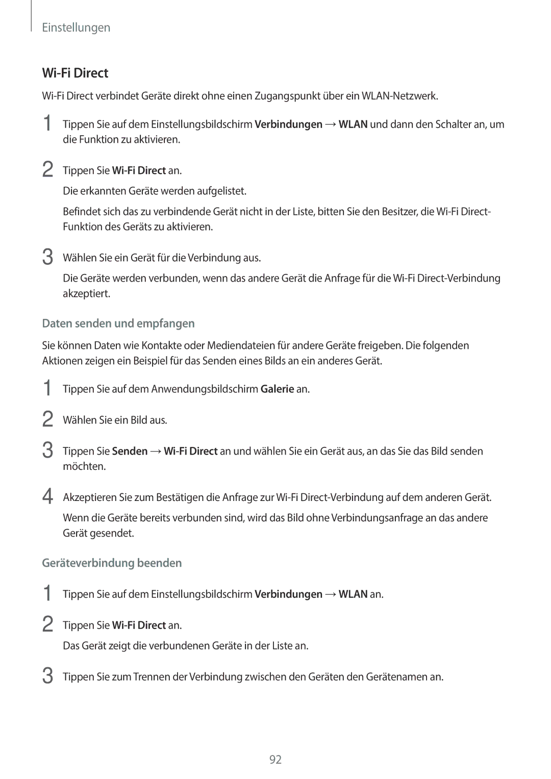 Samsung SM-A310FEDADBT, SM-A310FZKADBT, SM-A310FZDADBT, SM-A310FZWADBT manual Wi-Fi Direct, Daten senden und empfangen 