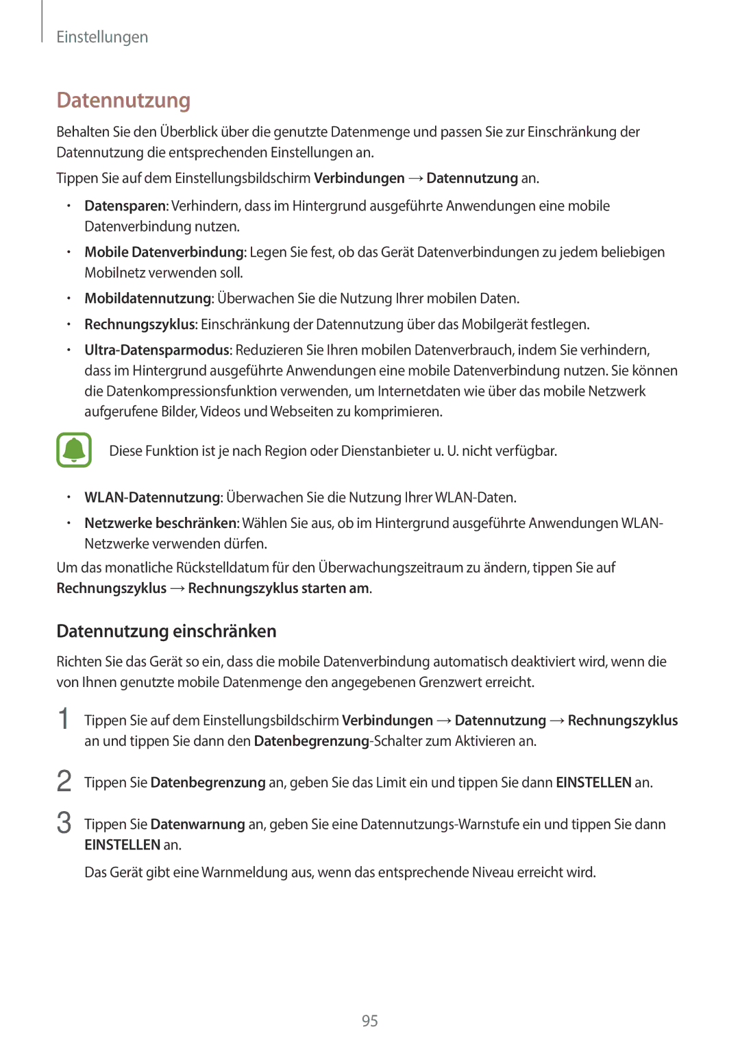 Samsung SM-A310FZWADBT, SM-A310FEDADBT, SM-A310FZKADBT, SM-A310FZDADBT manual Datennutzung einschränken 