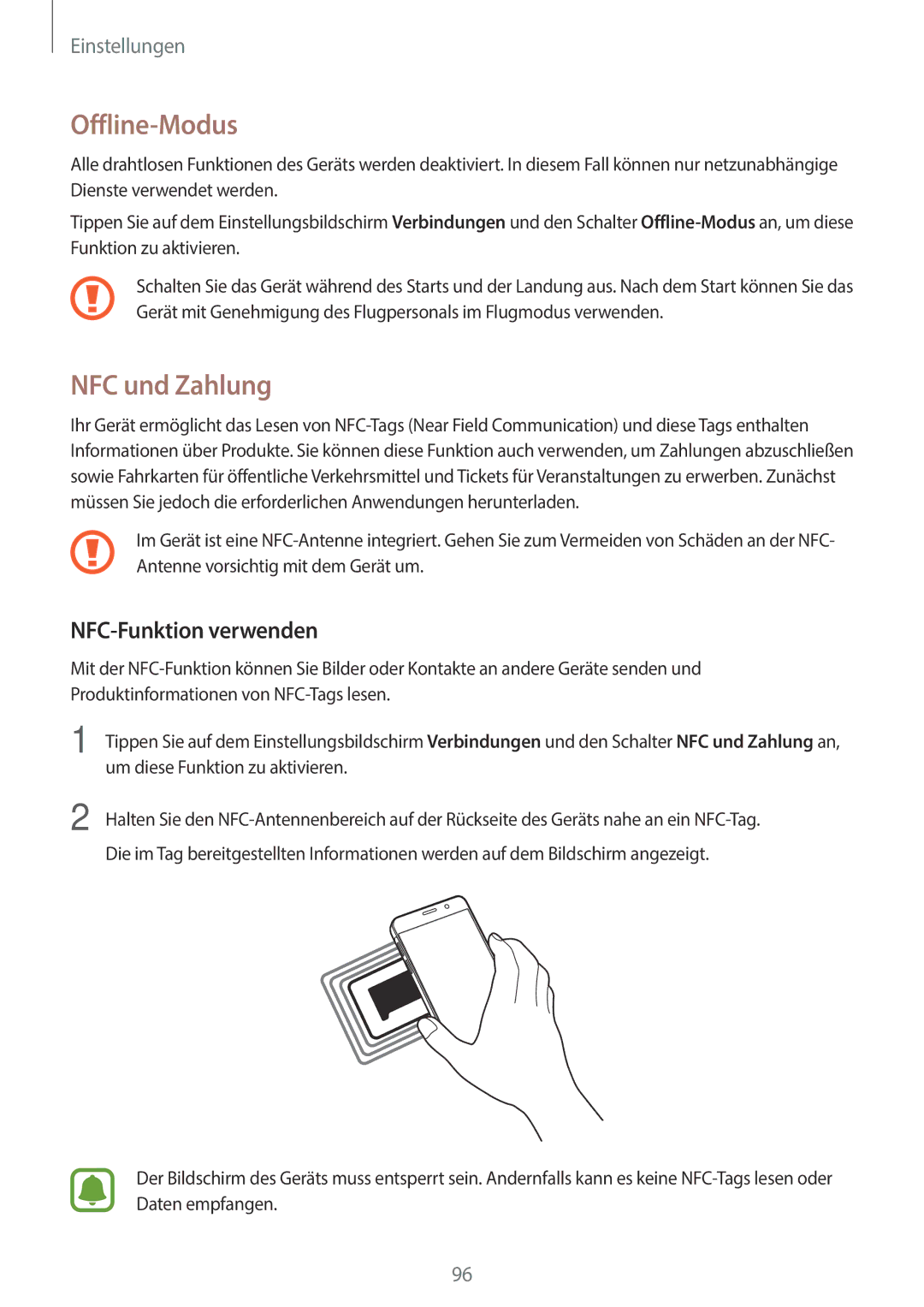 Samsung SM-A310FEDADBT, SM-A310FZKADBT, SM-A310FZDADBT manual Offline-Modus, NFC und Zahlung, NFC-Funktion verwenden 