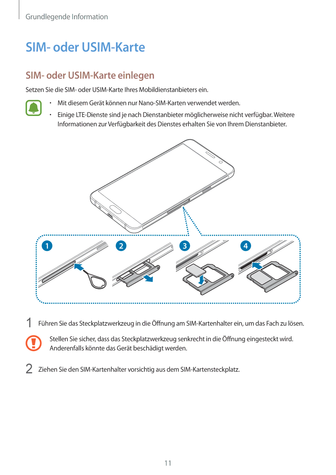 Samsung SM-A310FZWADBT, SM-A310FEDADBT, SM-A310FZKADBT, SM-A310FZDADBT manual SIM- oder USIM-Karte einlegen 