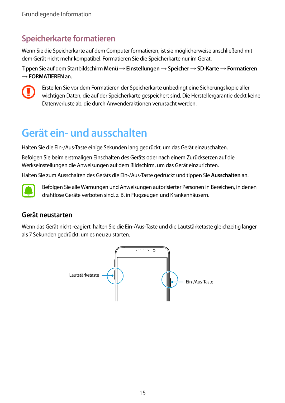 Samsung SM-A310FZWADBT, SM-A310FEDADBT manual Gerät ein- und ausschalten, Speicherkarte formatieren, Gerät neustarten 