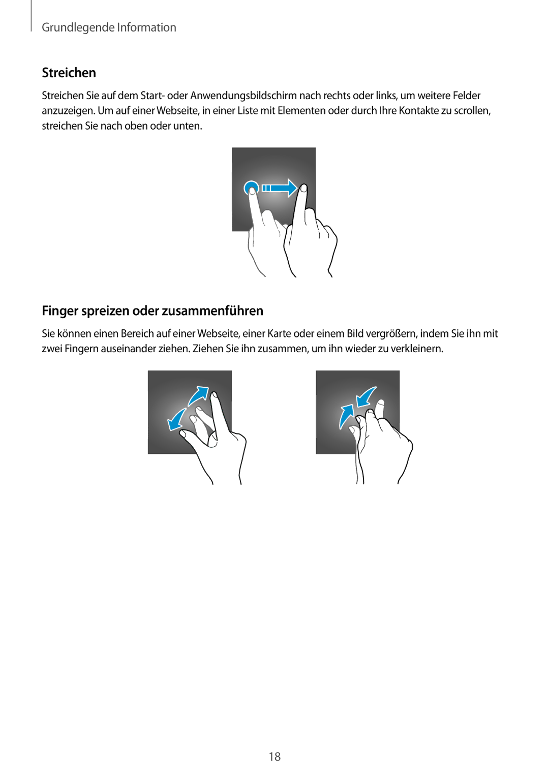 Samsung SM-A310FZDADBT, SM-A310FEDADBT, SM-A310FZKADBT, SM-A310FZWADBT manual Streichen, Finger spreizen oder zusammenführen 