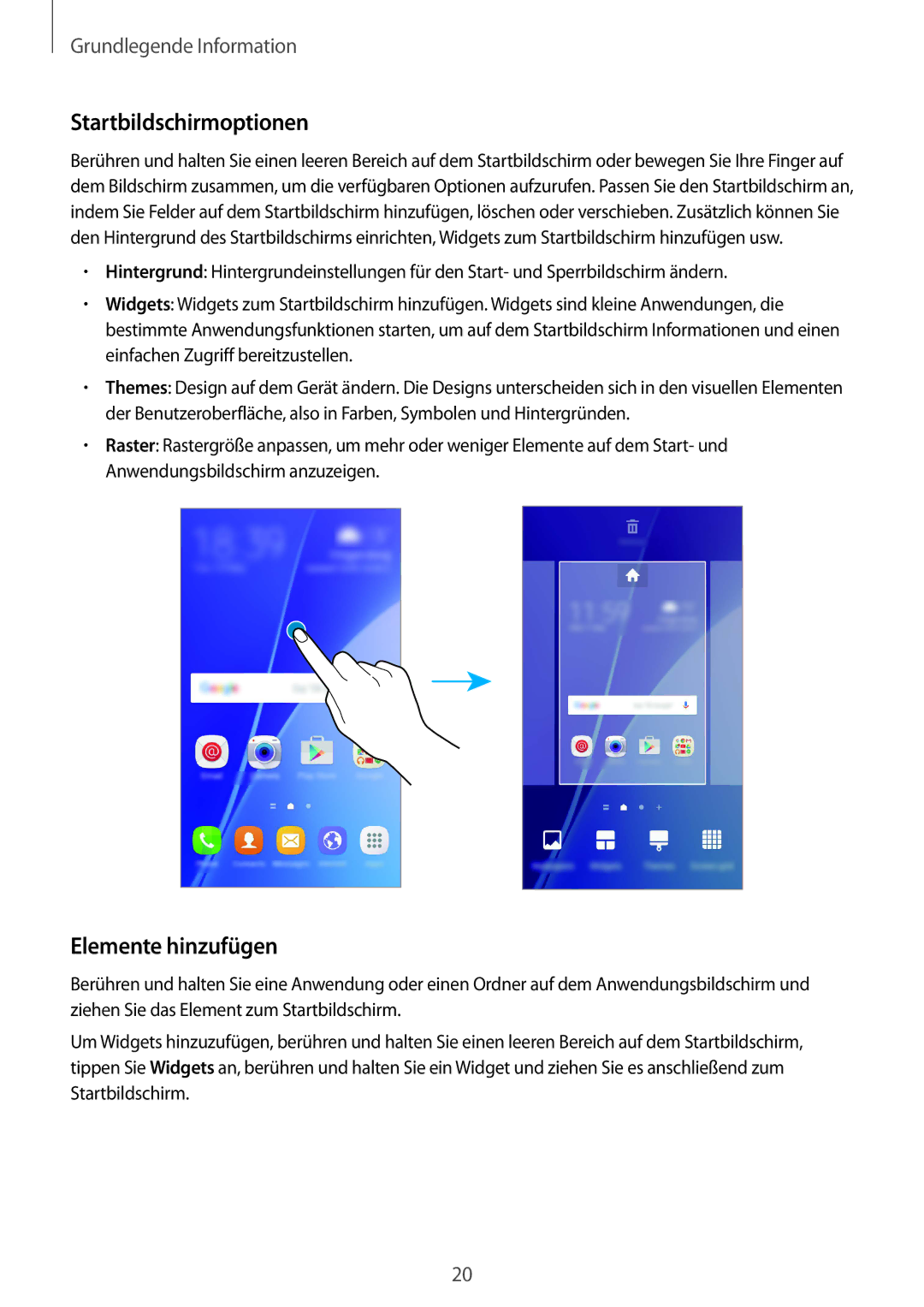 Samsung SM-A310FEDADBT, SM-A310FZKADBT, SM-A310FZDADBT, SM-A310FZWADBT manual Startbildschirmoptionen, Elemente hinzufügen 