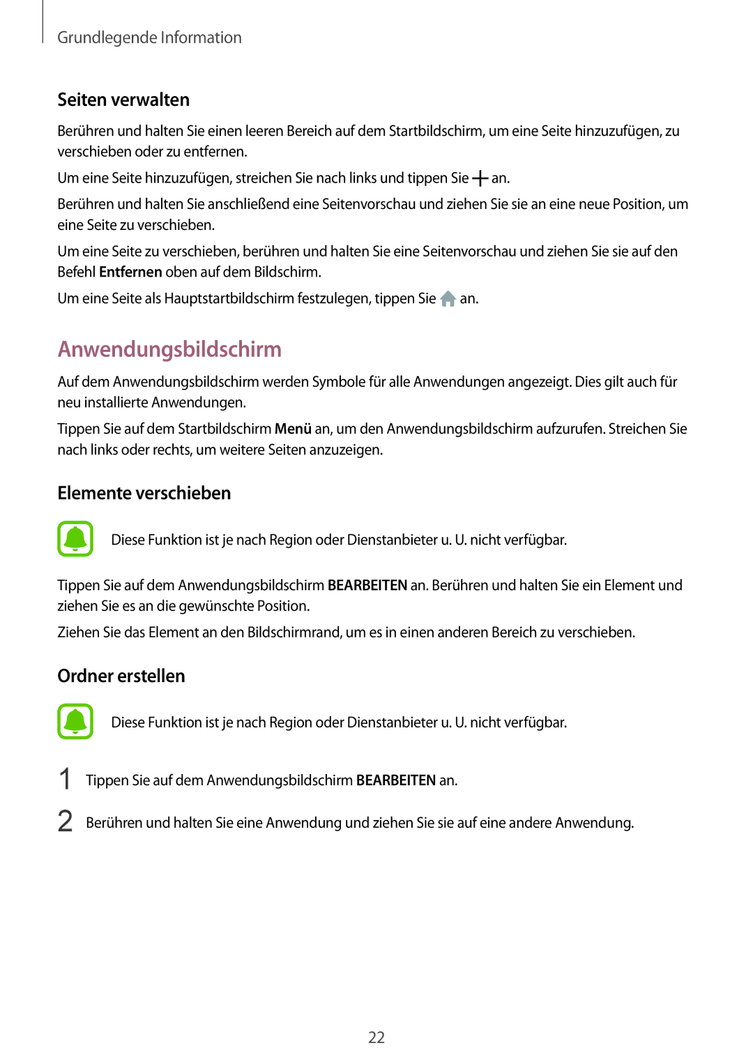 Samsung SM-A310FZDADBT, SM-A310FEDADBT, SM-A310FZKADBT manual Anwendungsbildschirm, Seiten verwalten, Elemente verschieben 