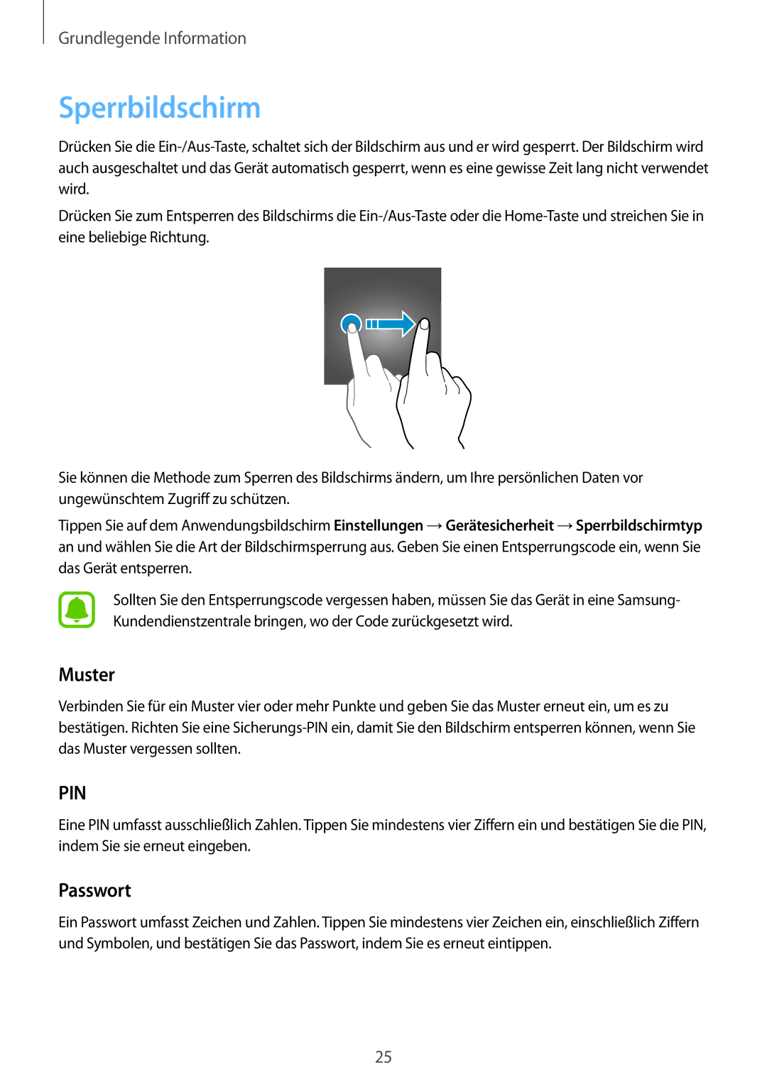 Samsung SM-A310FZKADBT, SM-A310FEDADBT, SM-A310FZDADBT, SM-A310FZWADBT manual Sperrbildschirm, Muster, Passwort 