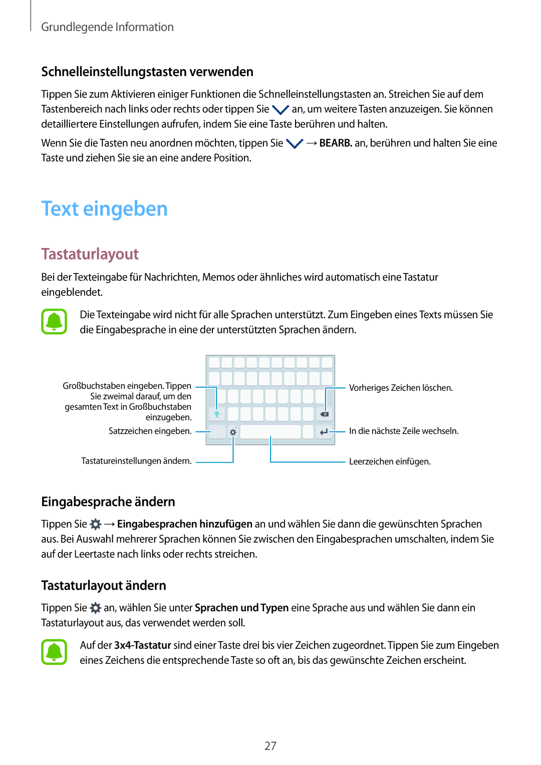 Samsung SM-A310FZWADBT manual Text eingeben, Tastaturlayout, Schnelleinstellungstasten verwenden, Eingabesprache ändern 