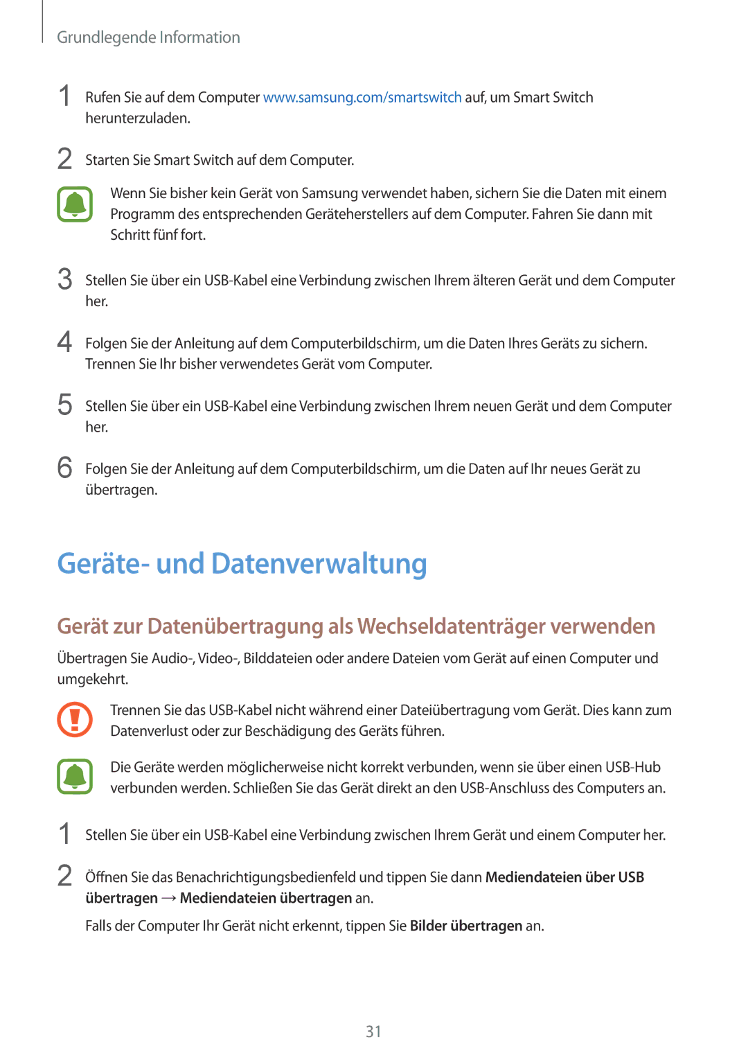 Samsung SM-A310FZWADBT manual Geräte- und Datenverwaltung, Gerät zur Datenübertragung als Wechseldatenträger verwenden 