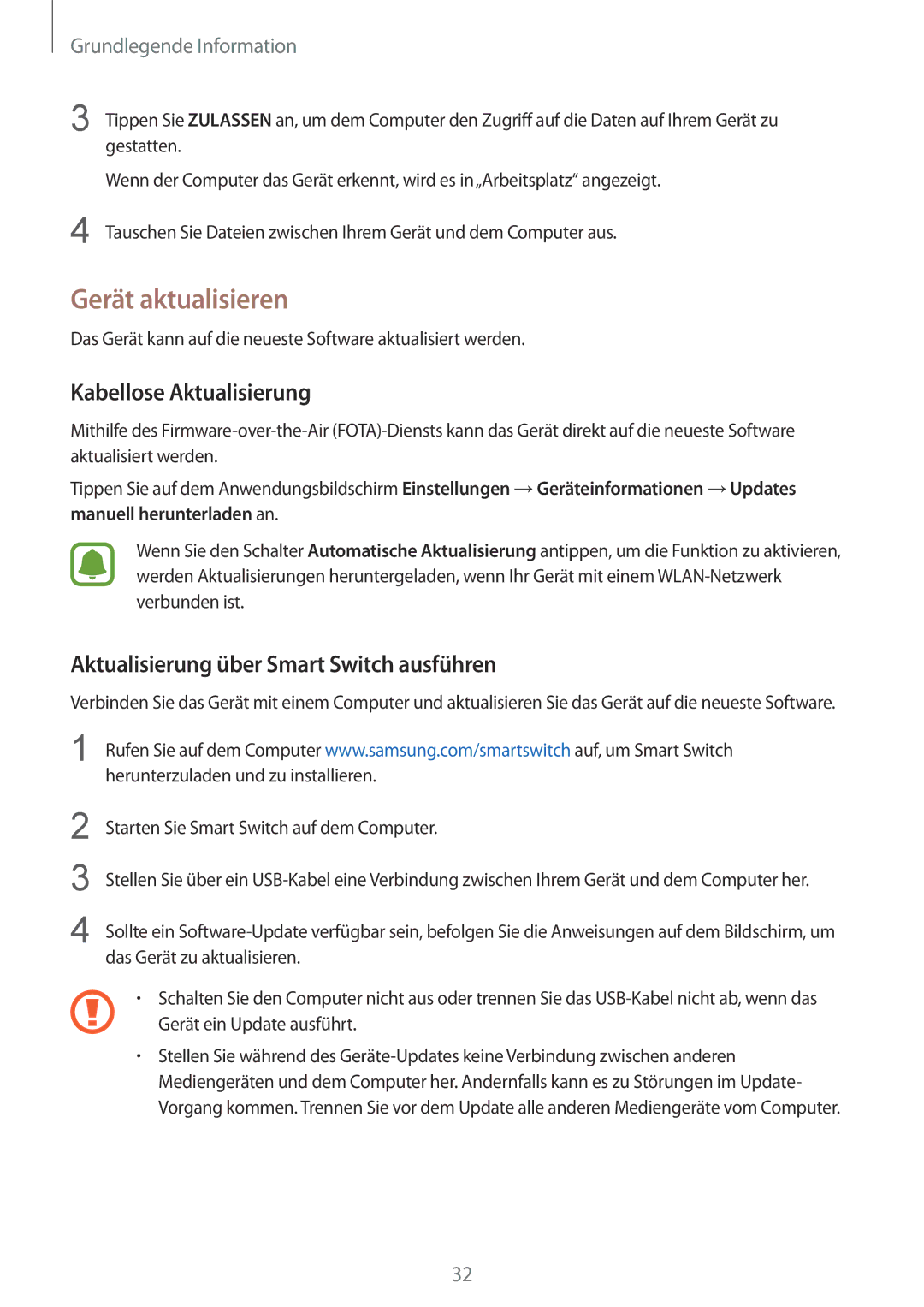 Samsung SM-A310FEDADBT manual Gerät aktualisieren, Kabellose Aktualisierung, Aktualisierung über Smart Switch ausführen 