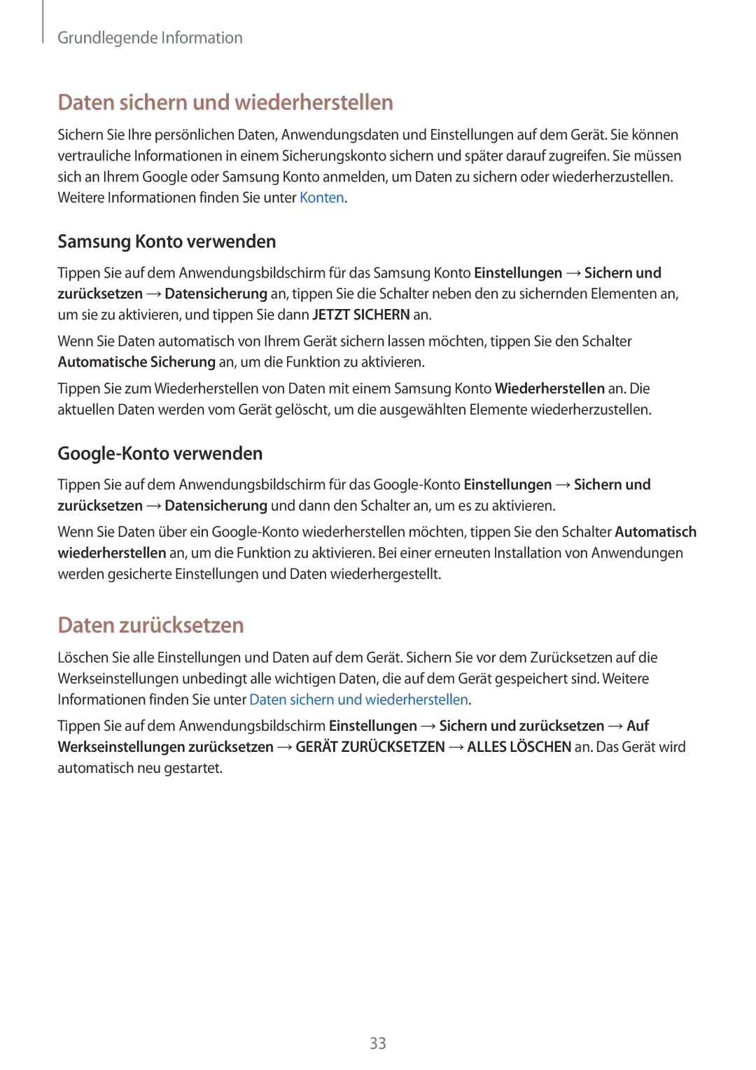 Samsung SM-A310FZKADBT, SM-A310FEDADBT Daten sichern und wiederherstellen, Daten zurücksetzen, Samsung Konto verwenden 