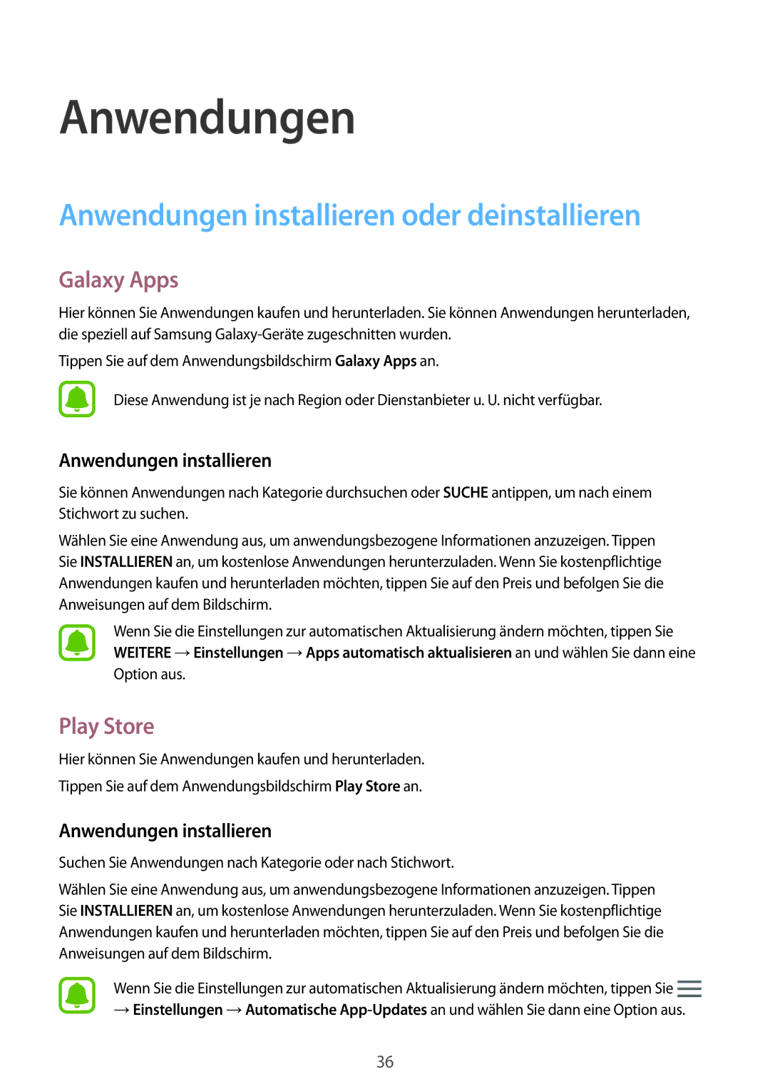 Samsung SM-A310FEDADBT, SM-A310FZKADBT manual Anwendungen installieren oder deinstallieren, Galaxy Apps, Play Store 