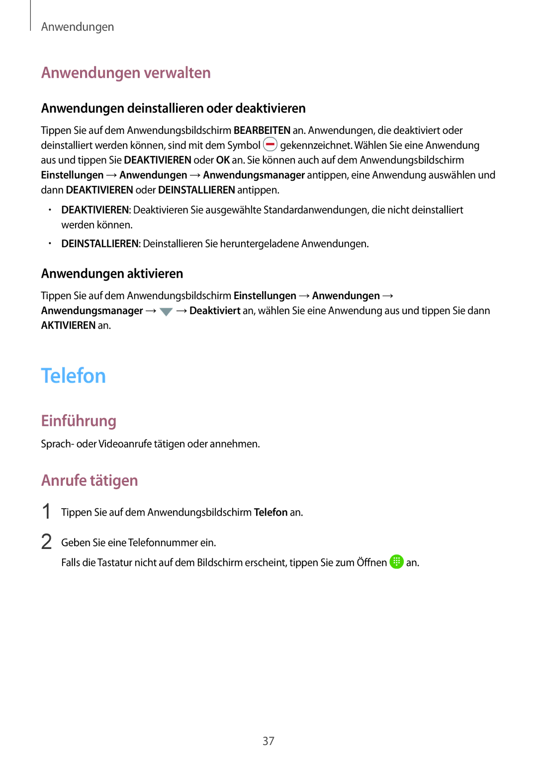 Samsung SM-A310FZKADBT, SM-A310FEDADBT, SM-A310FZDADBT manual Telefon, Anwendungen verwalten, Einführung, Anrufe tätigen 