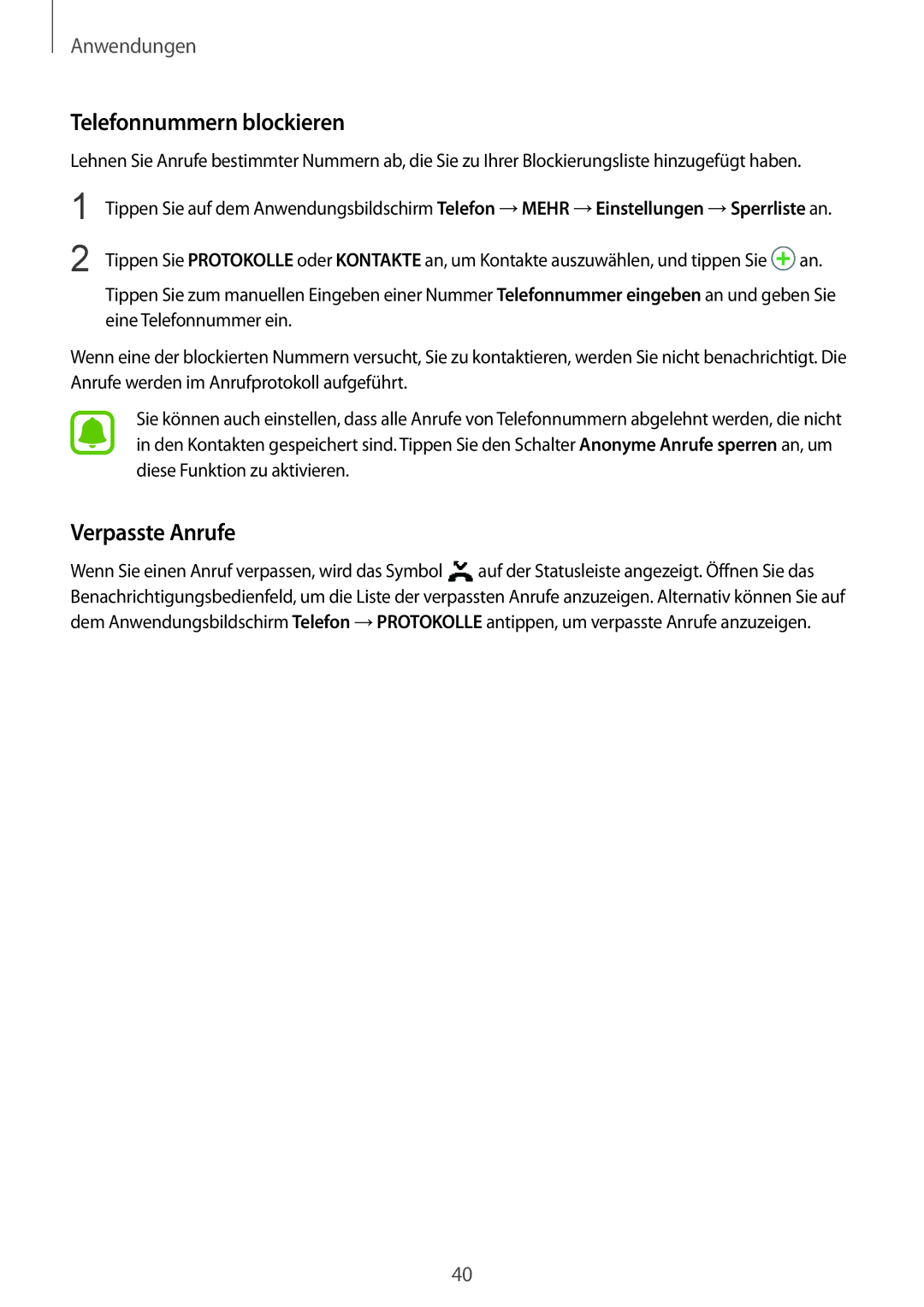 Samsung SM-A310FEDADBT, SM-A310FZKADBT, SM-A310FZDADBT, SM-A310FZWADBT manual Telefonnummern blockieren, Verpasste Anrufe 