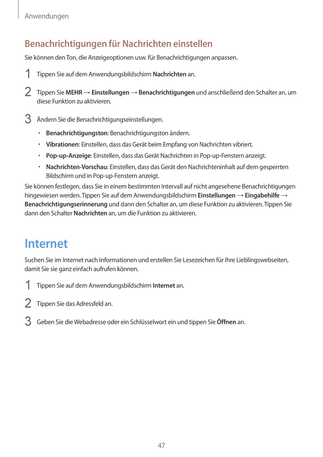 Samsung SM-A310FZWADBT, SM-A310FEDADBT, SM-A310FZKADBT manual Internet, Benachrichtigungen für Nachrichten einstellen 