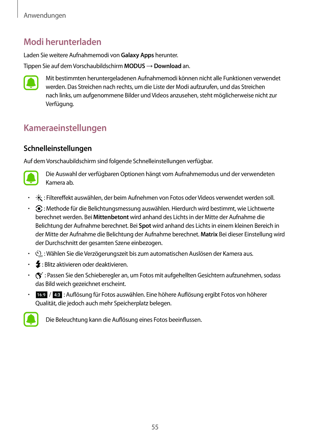 Samsung SM-A310FZWADBT, SM-A310FEDADBT, SM-A310FZKADBT manual Modi herunterladen, Kameraeinstellungen, Schnelleinstellungen 