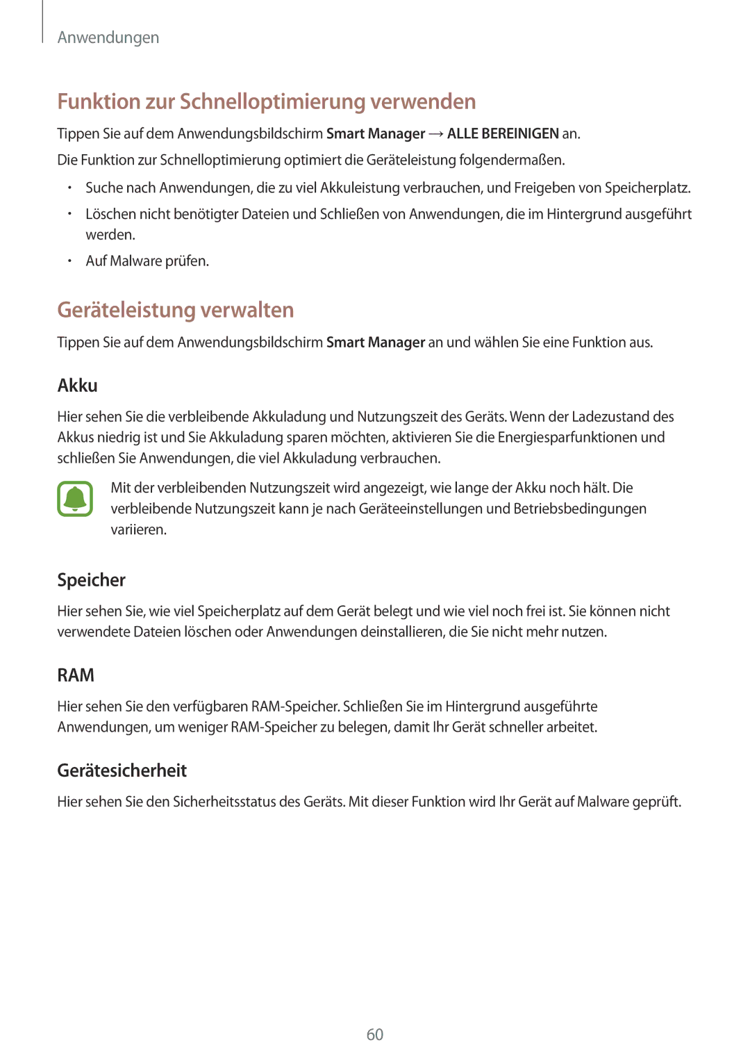 Samsung SM-A310FEDADBT, SM-A310FZKADBT Funktion zur Schnelloptimierung verwenden, Geräteleistung verwalten, Akku, Speicher 