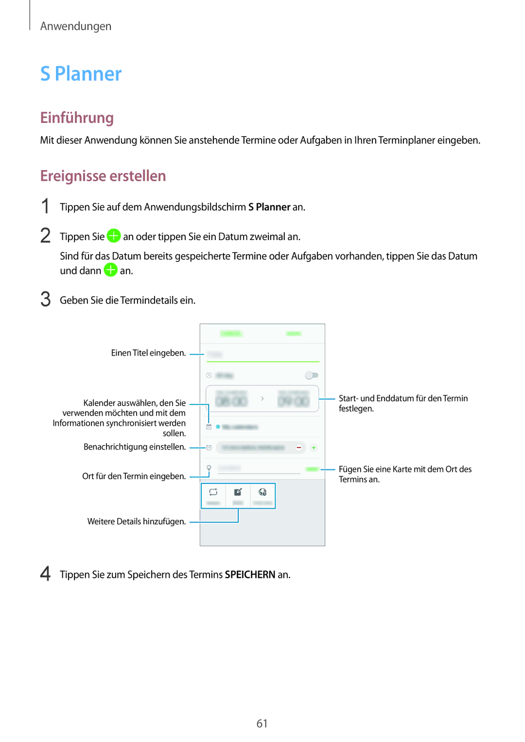 Samsung SM-A310FZKADBT, SM-A310FEDADBT, SM-A310FZDADBT, SM-A310FZWADBT manual Planner, Ereignisse erstellen 