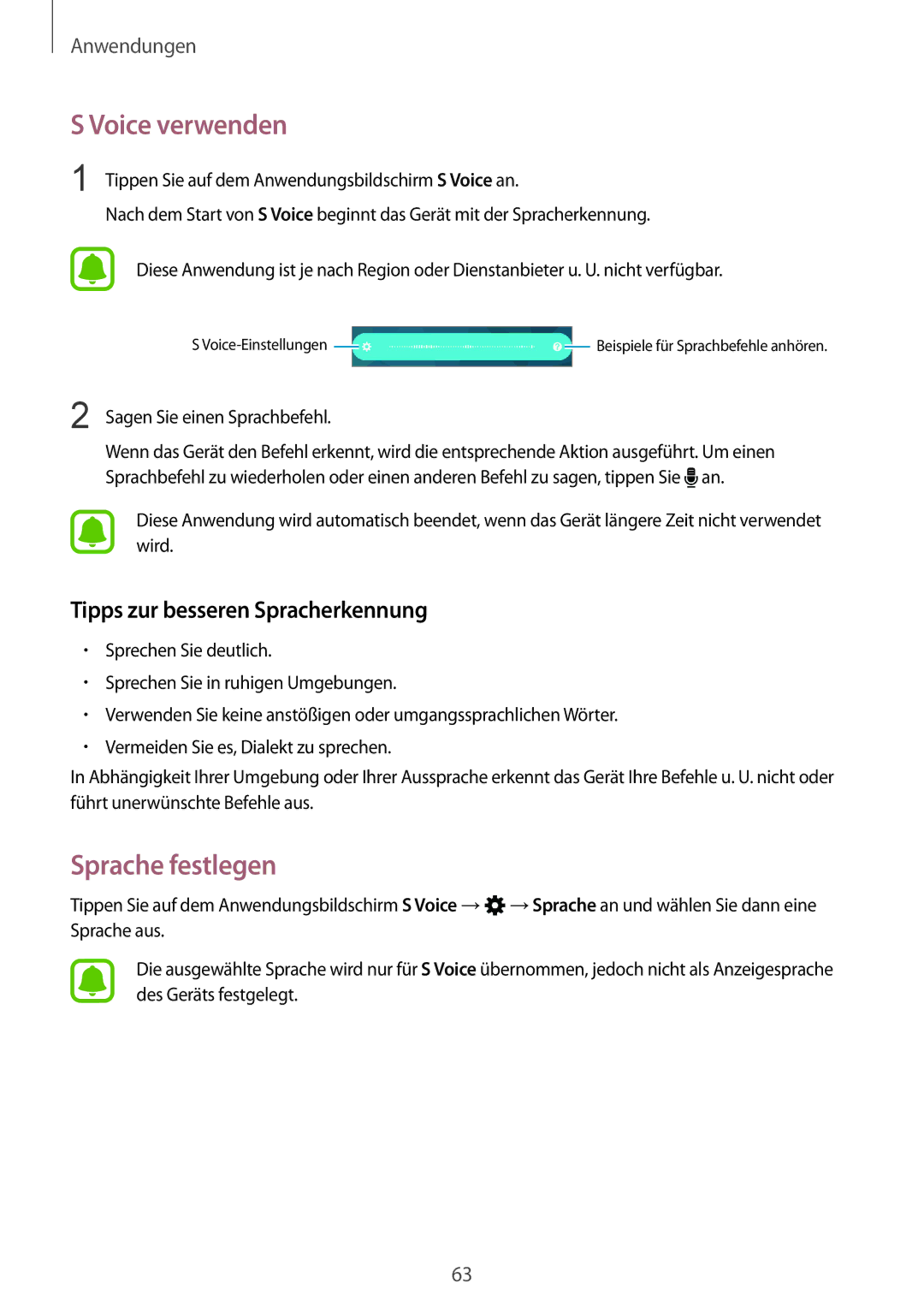 Samsung SM-A310FZWADBT, SM-A310FEDADBT manual Voice verwenden, Sprache festlegen, Tipps zur besseren Spracherkennung 