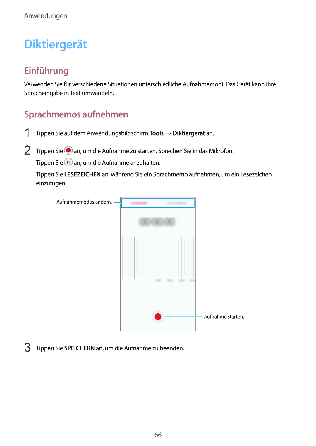 Samsung SM-A310FZDADBT, SM-A310FEDADBT, SM-A310FZKADBT, SM-A310FZWADBT manual Diktiergerät, Sprachmemos aufnehmen 