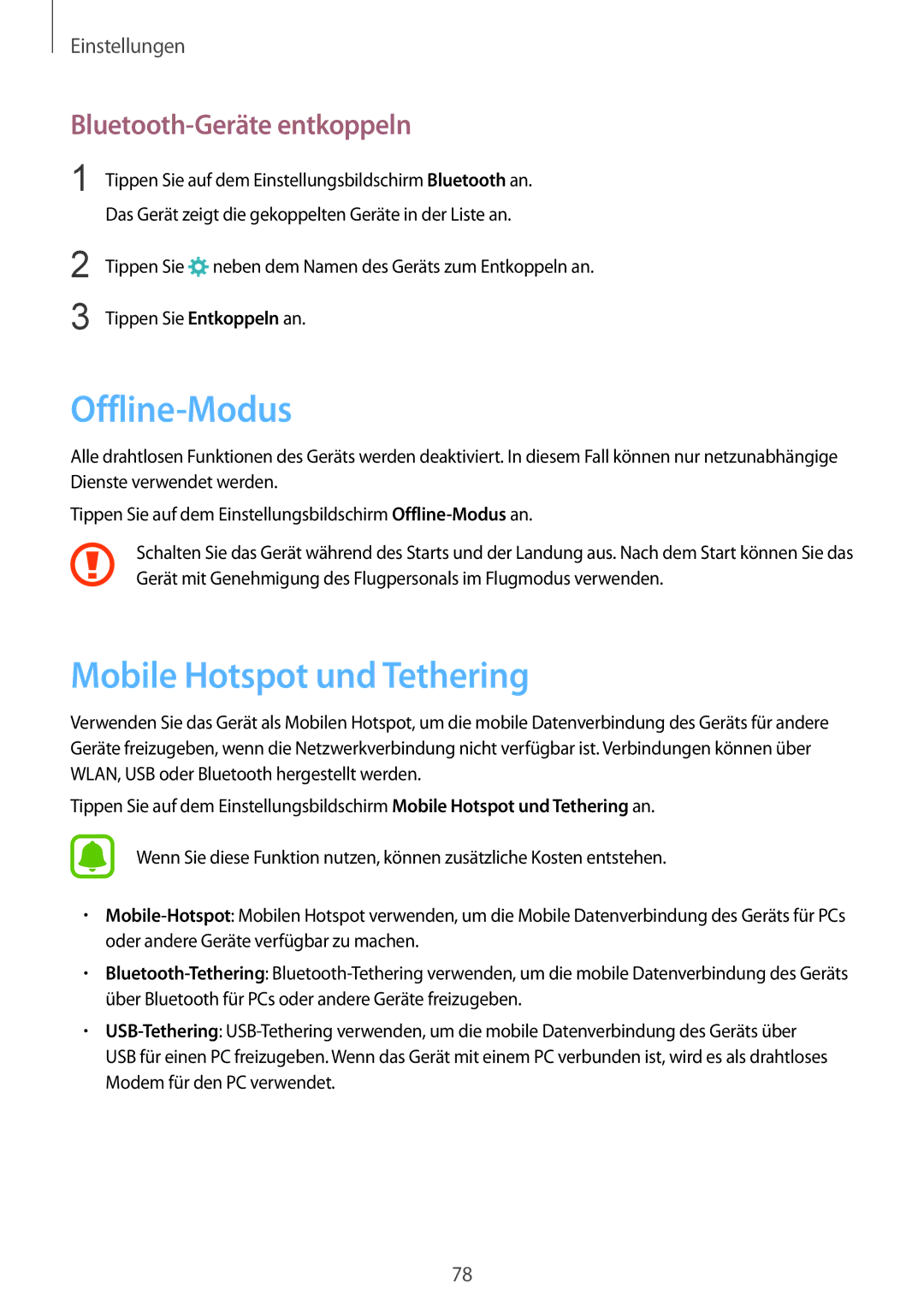 Samsung SM-A310FZDADBT, SM-A310FEDADBT manual Offline-Modus, Mobile Hotspot und Tethering, Bluetooth-Geräte entkoppeln 