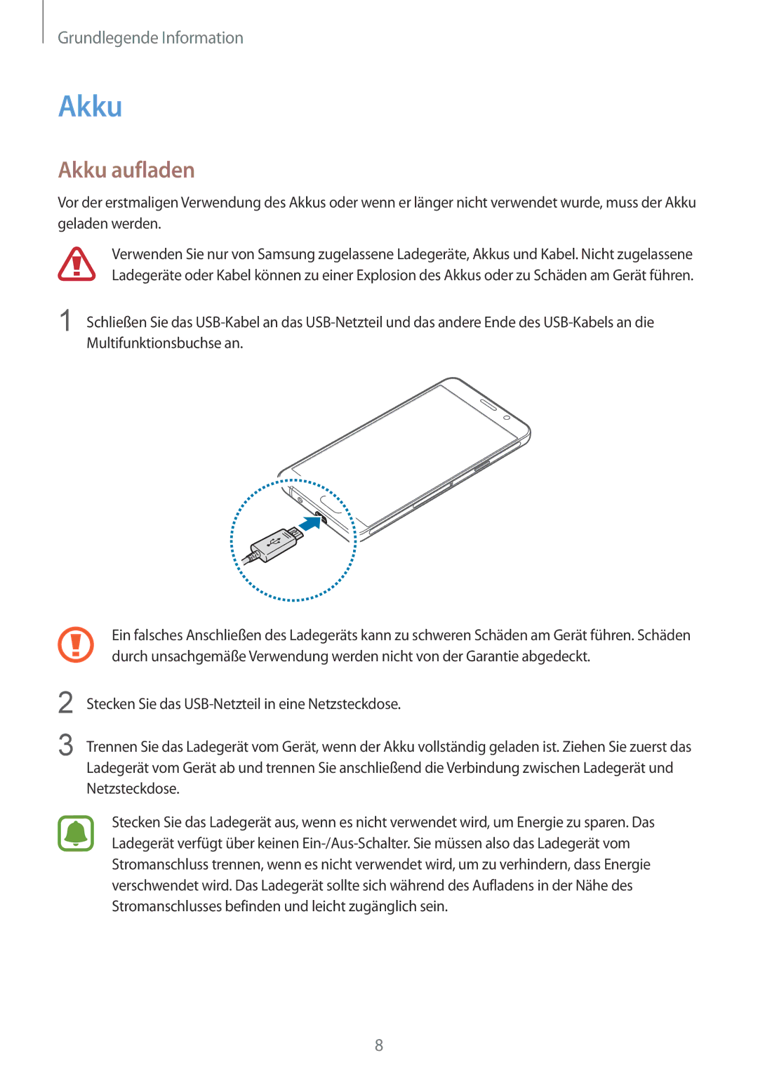 Samsung SM-A310FEDADBT, SM-A310FZKADBT, SM-A310FZDADBT, SM-A310FZWADBT manual Akku aufladen 