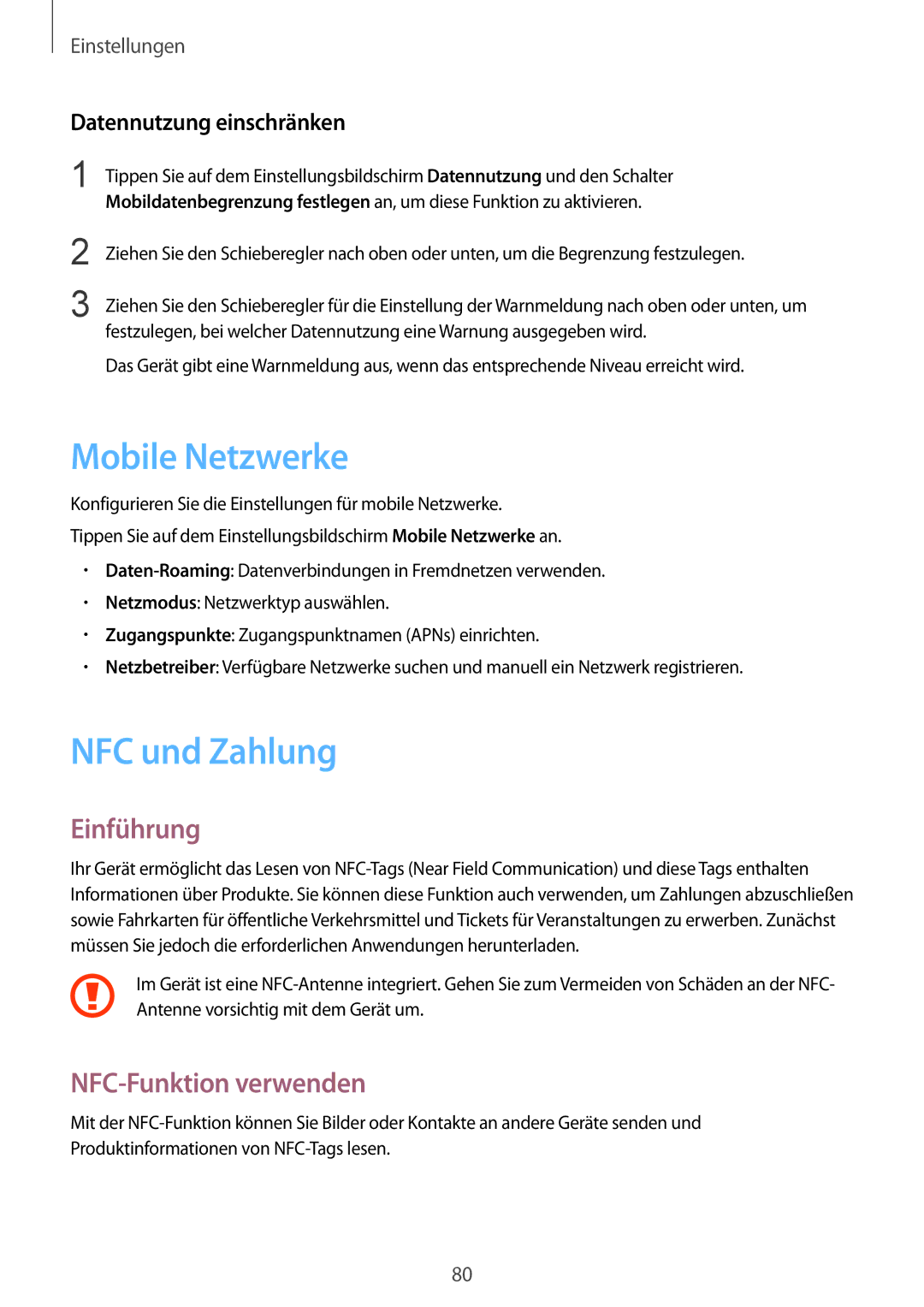 Samsung SM-A310FEDADBT manual Mobile Netzwerke, NFC und Zahlung, NFC-Funktion verwenden, Datennutzung einschränken 