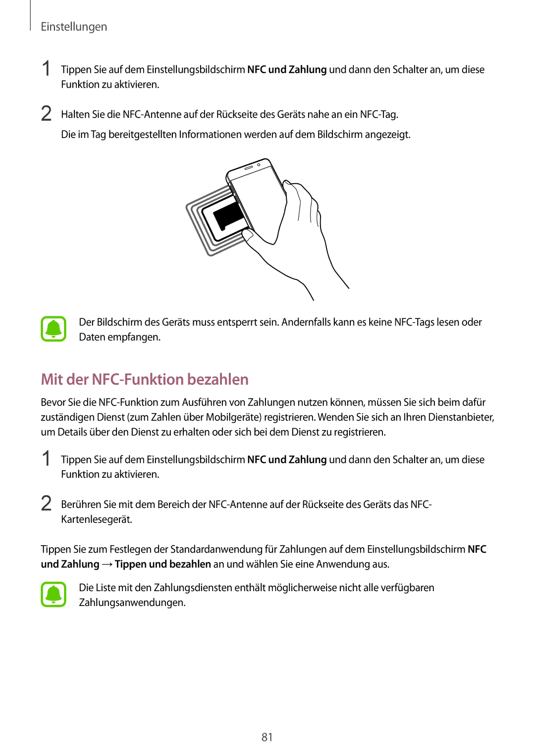 Samsung SM-A310FZKADBT, SM-A310FEDADBT, SM-A310FZDADBT, SM-A310FZWADBT manual Mit der NFC-Funktion bezahlen 