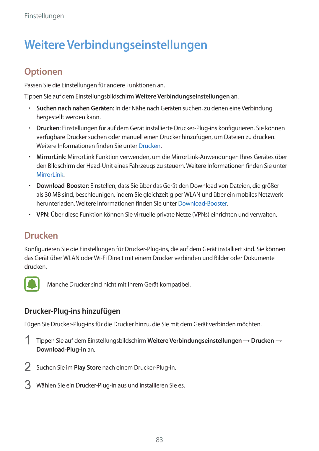 Samsung SM-A310FZWADBT, SM-A310FEDADBT Weitere Verbindungseinstellungen, Optionen, Drucken, Drucker-Plug-ins hinzufügen 