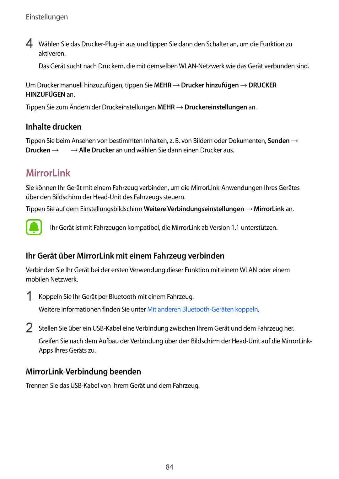 Samsung SM-A310FEDADBT, SM-A310FZKADBT manual Inhalte drucken, Ihr Gerät über MirrorLink mit einem Fahrzeug verbinden 